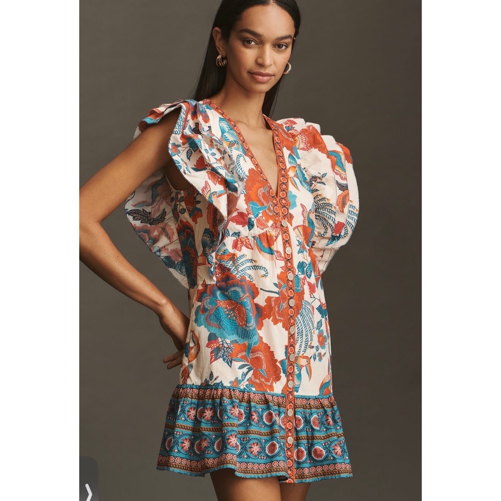 Farm Rio Anthropologie Ruffle Sleeve Floral Mini Dress Ivory Orange Blue L NEW